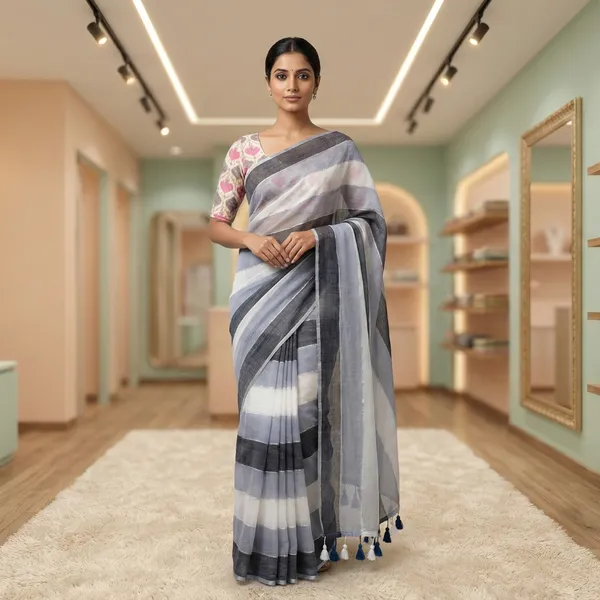 Grey_Blue_And_White_Stripes_Soft_Mul_Mul_Cotton_Saree