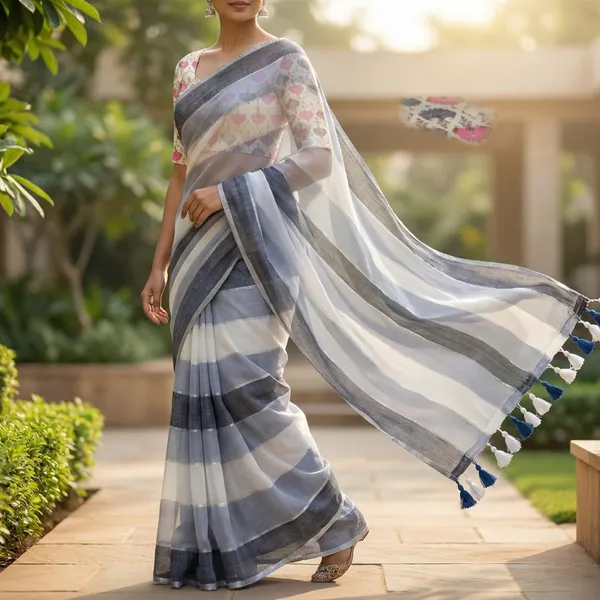 Grey_Blue_And_White_Stripes_Soft_Mul_Mul_Cotton_Saree