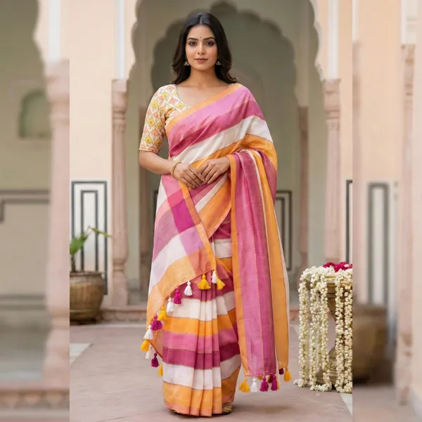 Pink_Mustard_Yellow_And_Ivory_Soft_Mul_Mul_Cotton_Stripes_Saree