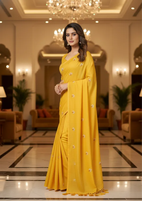 Yellow_Sunshine_Khadi_Cotton_Saree_With_Floral_Embroidery