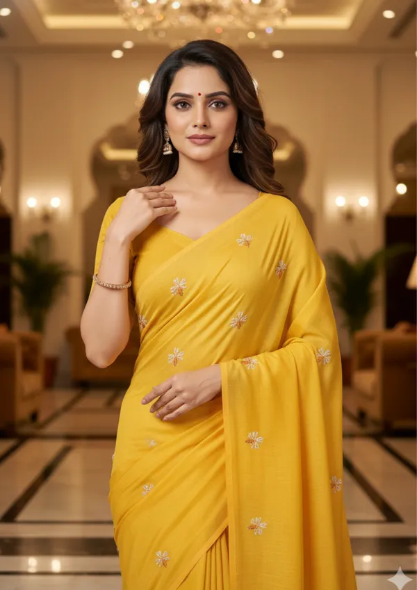 Yellow_Sunshine_Khadi_Cotton_Saree_With_Floral_Embroidery