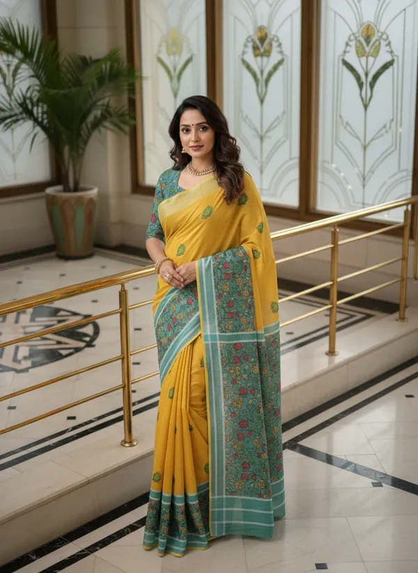 Yellow_And_Cyan_Blue_Linen_With_Cyan_Floral_Border_Saree
