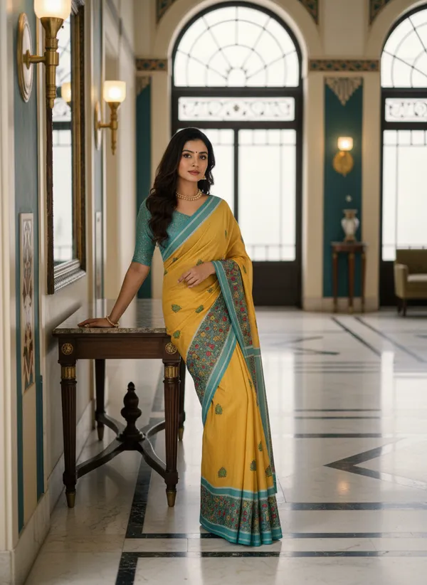 Yellow_And_Cyan_Blue_Linen_With_Cyan_Floral_Border_Saree