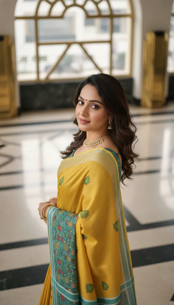 Yellow_And_Cyan_Blue_Linen_With_Cyan_Floral_Border_Saree