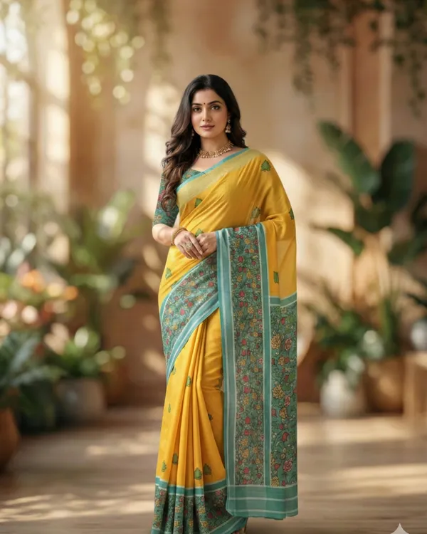 Yellow_And_Cyan_Blue_Linen_With_Cyan_Floral_Border_Saree