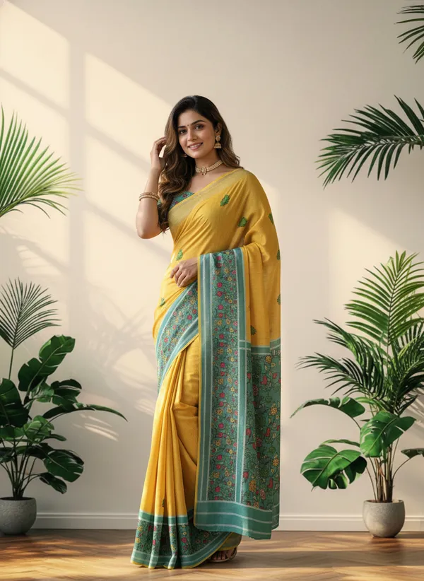 Yellow_And_Cyan_Blue_Linen_With_Cyan_Floral_Border_Saree