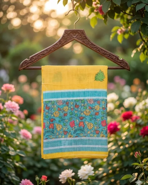 Yellow_And_Cyan_Blue_Linen_With_Cyan_Floral_Border_Saree