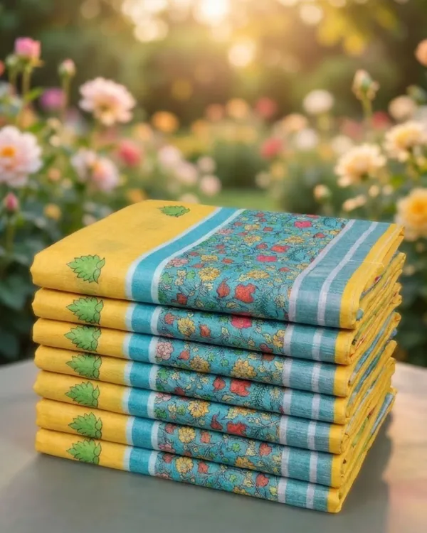 Yellow_And_Cyan_Blue_Linen_With_Cyan_Floral_Border_Saree