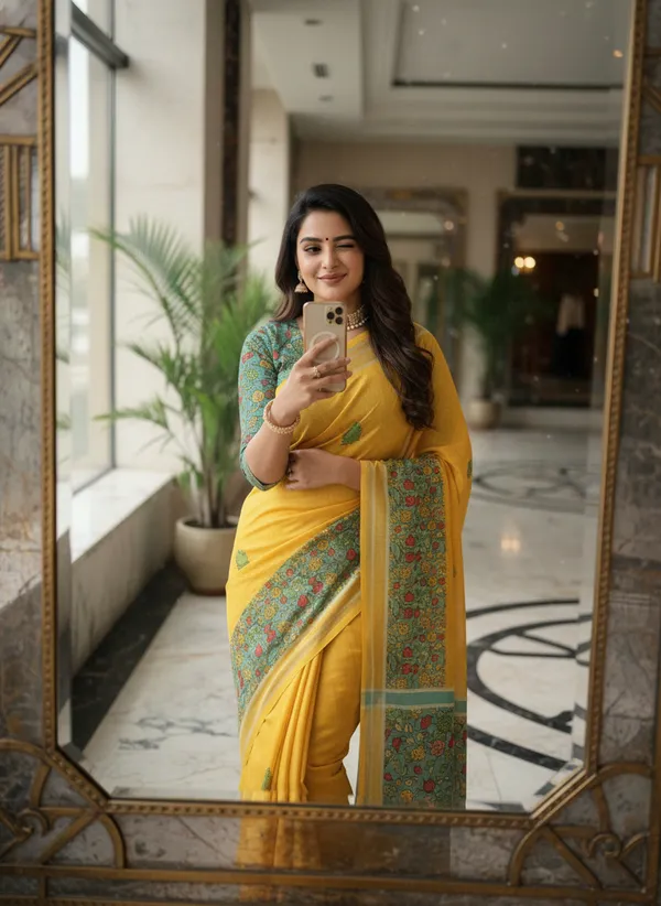 Yellow_And_Cyan_Blue_Linen_With_Cyan_Floral_Border_Saree
