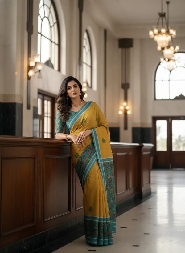 Yellow_And_Cyan_Blue_Linen_With_Cyan_Floral_Border_Saree