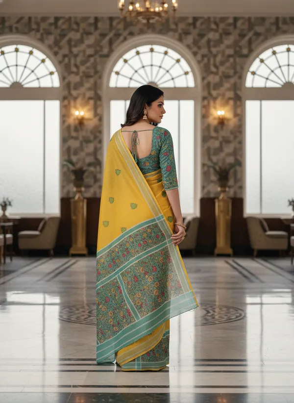 Yellow_And_Cyan_Blue_Linen_With_Cyan_Floral_Border_Saree
