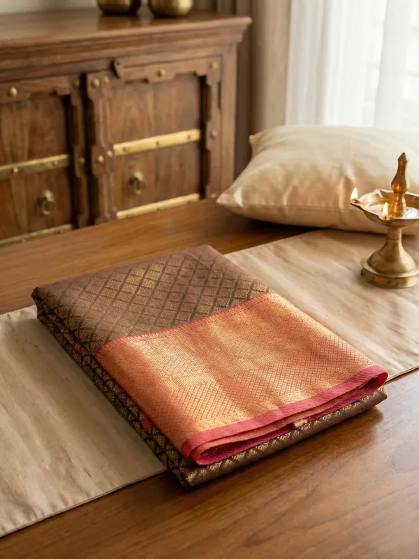 Copper_Brown_And_Coral_Pink_Tamra_&_Coral_Silk_Weave_Saree