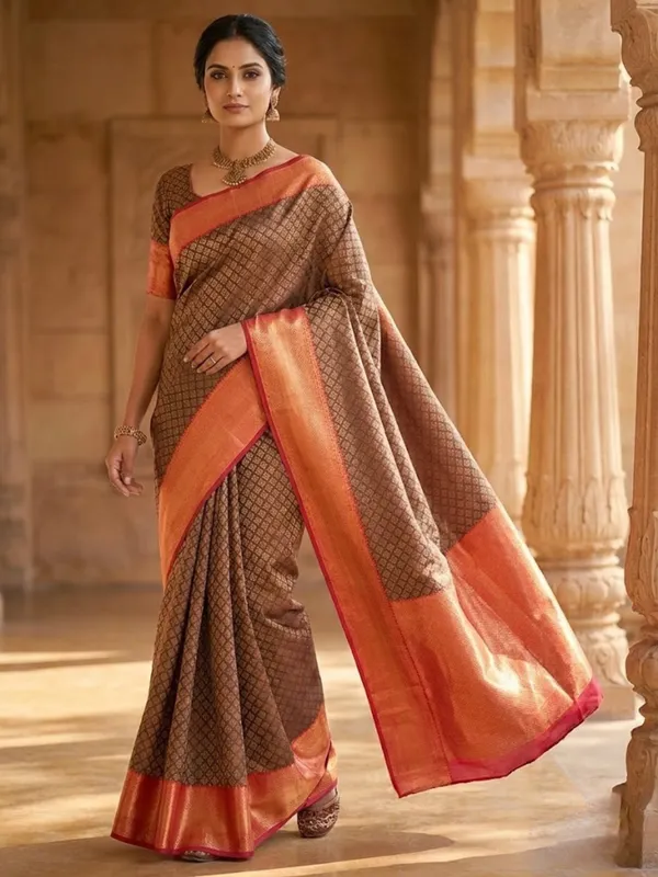Copper_Brown_And_Coral_Pink_Tamra_&_Coral_Silk_Weave_Saree