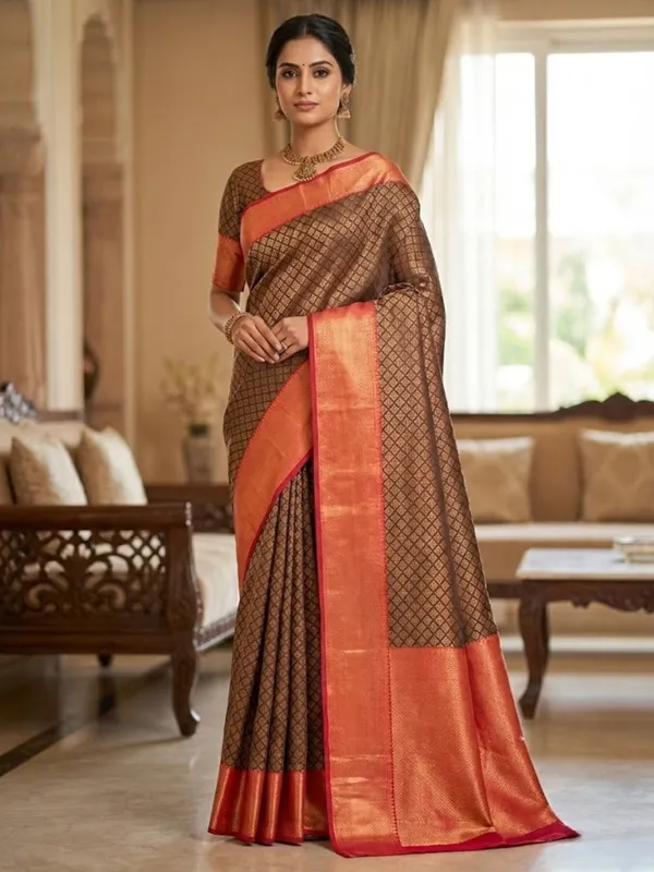 Copper_Brown_And_Coral_Pink_Tamra_&_Coral_Silk_Weave_Saree