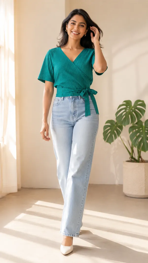 Teal_Dotted_Wrap_Knot_Top