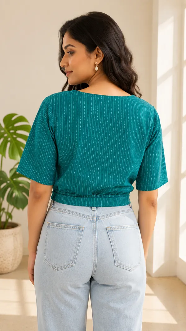 Teal_Dotted_Wrap_Knot_Top