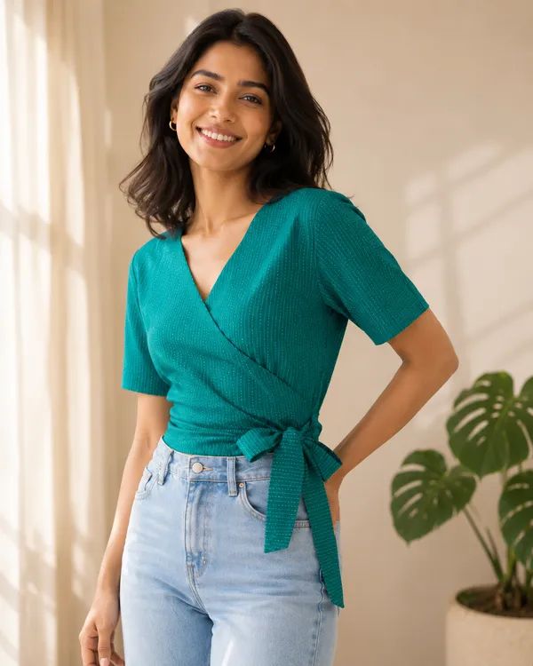 Teal_Dotted_Wrap_Knot_Top