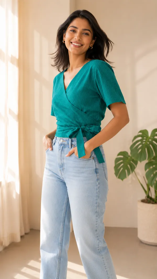 Teal_Dotted_Wrap_Knot_Top