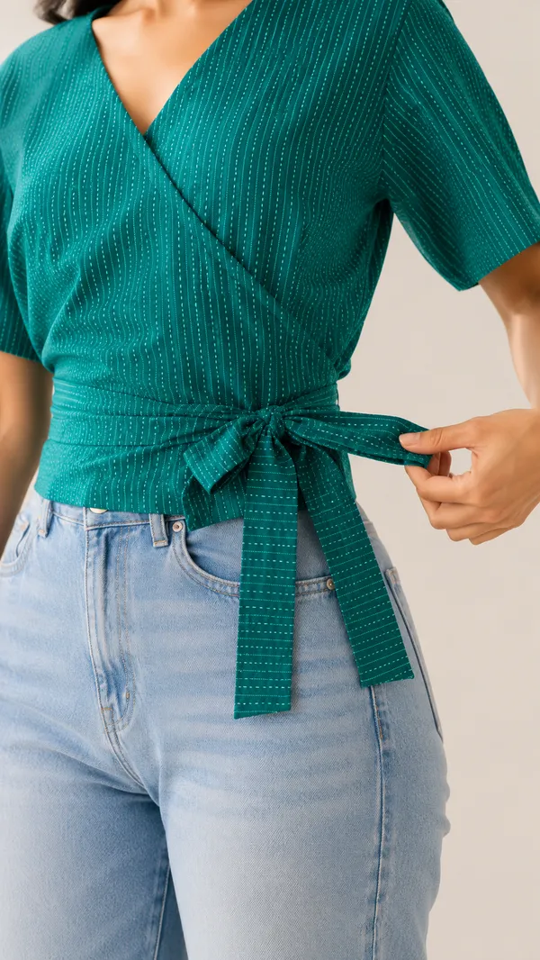 Teal_Dotted_Wrap_Knot_Top