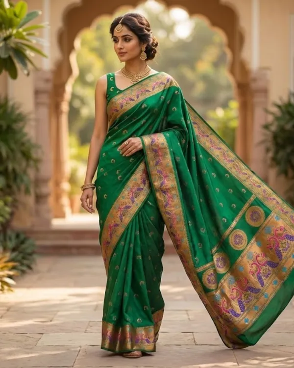Emerald_Green_Traditional_Paithani_Silk_Saree_With_Rich_Peacock_Border