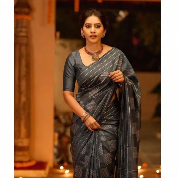 Charcoal_Grey_Urban_Checks_Cotton_Saree_With_Contemporary_Block_Pattern