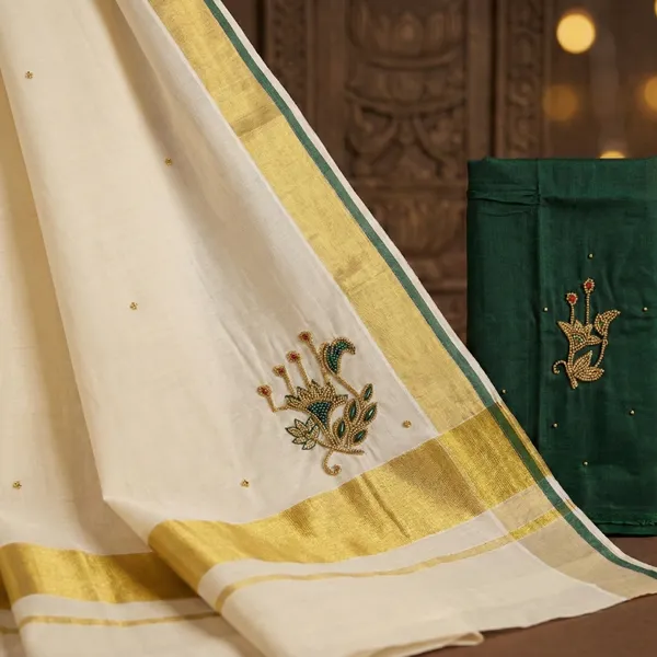Off_White_And_Green_With_Gold_Border_Varna_Raagam_Kasavu_Saree