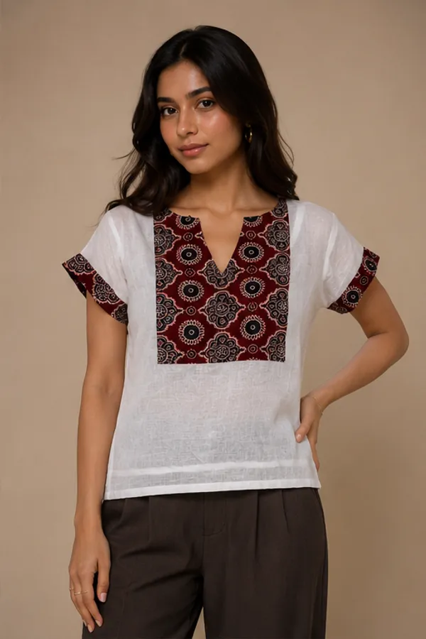 White_Mulmul_Ajrakh_Yoke_Tunic