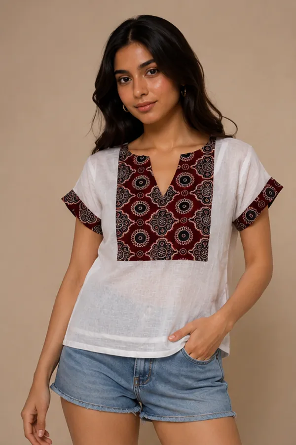 White_Mulmul_Ajrakh_Yoke_Tunic