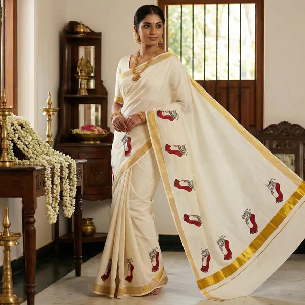 Off_White_Ivory_With_Gold_Border_And_Red_Motif_Lakshmi_Paadam_Kasavu_Kerala_Saree_With_Golden_Border