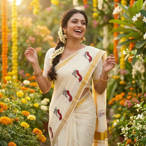 Off_White_Ivory_With_Gold_Border_And_Red_Motif_Lakshmi_Paadam_Kasavu_Kerala_Saree_With_Golden_Border