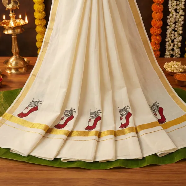 Off_White_Ivory_With_Gold_Border_And_Red_Motif_Lakshmi_Paadam_Kasavu_Kerala_Saree_With_Golden_Border