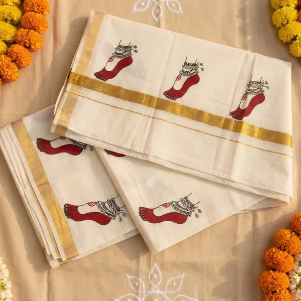 Off_White_Ivory_With_Gold_Border_And_Red_Motif_Lakshmi_Paadam_Kasavu_Kerala_Saree_With_Golden_Border