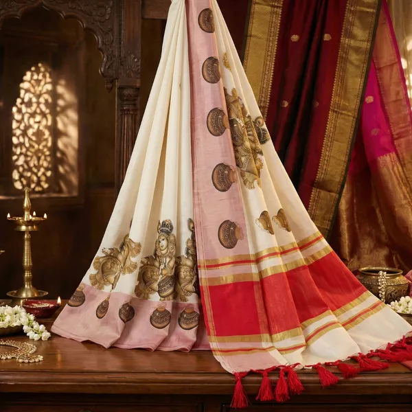 Ivory_White_&_Gold_With_Balakrishna_Bhakti_Kasavu_Saree_Red_Border