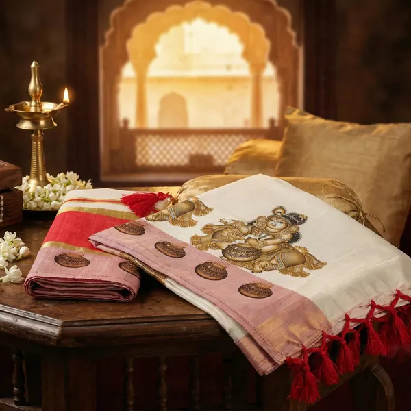 Ivory_White_&_Gold_With_Balakrishna_Bhakti_Kasavu_Saree_Red_Border