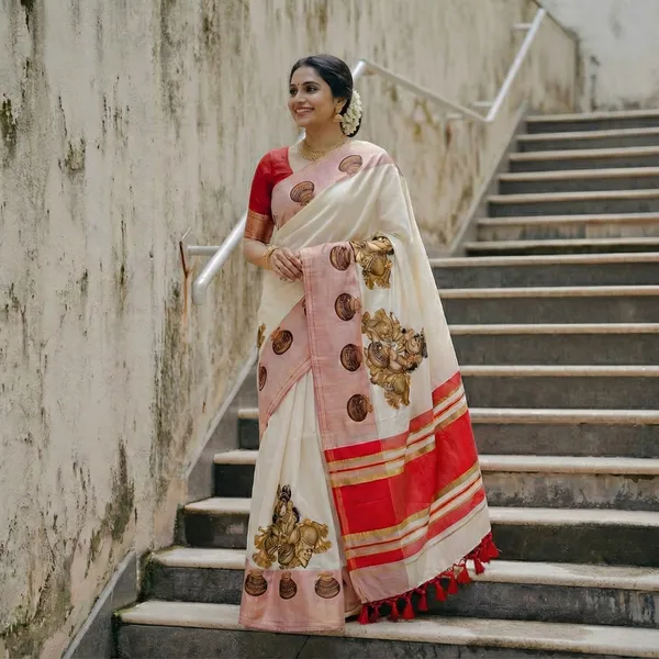 Ivory_White_&_Gold_With_Balakrishna_Bhakti_Kasavu_Saree_Red_Border