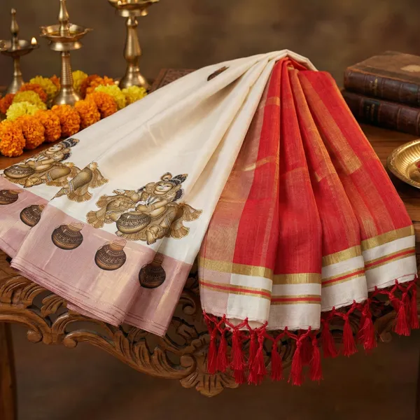 Ivory_White_&_Gold_With_Balakrishna_Bhakti_Kasavu_Saree_Red_Border