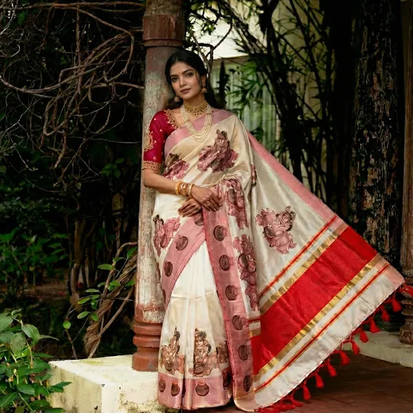 Ivory_White_&_Gold_With_Balakrishna_Bhakti_Kasavu_Saree_Red_Border