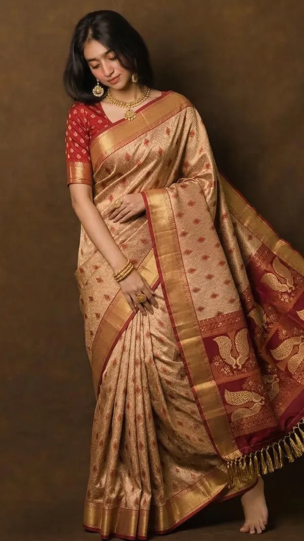 Wine_And_Cream_With_Golden_Zari_Elegant_Peacock_Motif_Silk_Saree_With_Zari_Border