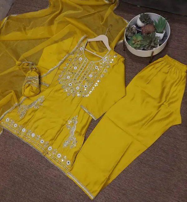 Mustard_Yellow_Short_Kurta_Palazzo_With_Dupatta_&_Stylish_Hand_Potli_For_Women