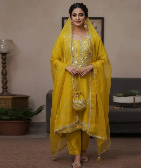 Mustard_Yellow_Short_Kurta_Palazzo_With_Dupatta_&_Stylish_Hand_Potli_For_Women