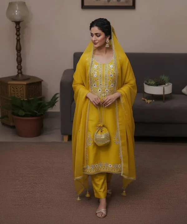 Mustard_Yellow_Short_Kurta_Palazzo_With_Dupatta_&_Stylish_Hand_Potli_For_Women