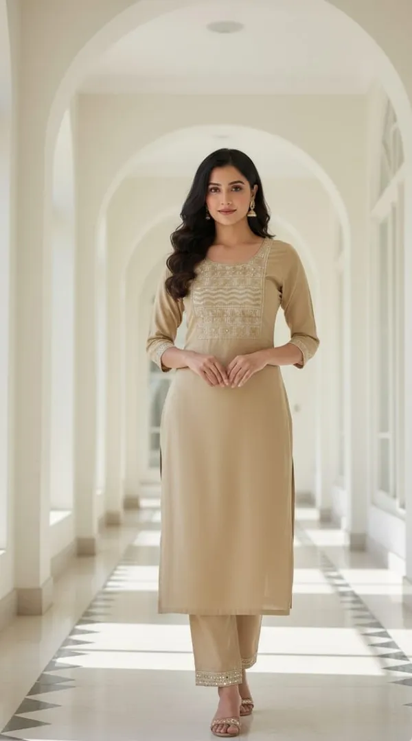 Beige_Daily-Wear_Solid_Kurta_Set_For_Women
