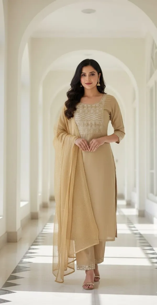 Beige_Daily-Wear_Solid_Kurta_Set_For_Women