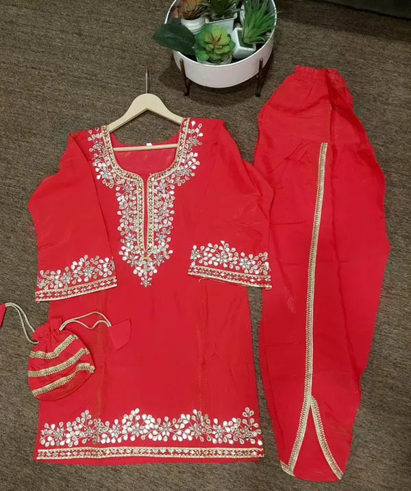 Red_Special_Short_Kurta,_Dhoti_Dupatta_With_Potli_Suit_Sets_For_Women