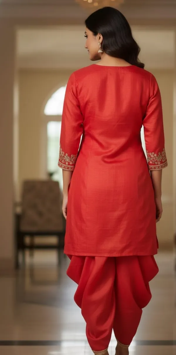 Red_Special_Short_Kurta,_Dhoti_Dupatta_With_Potli_Suit_Sets_For_Women