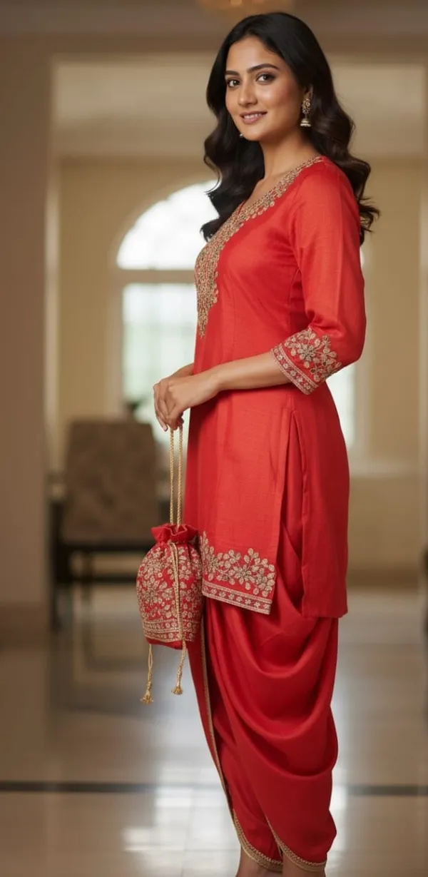 Red_Special_Short_Kurta,_Dhoti_Dupatta_With_Potli_Suit_Sets_For_Women