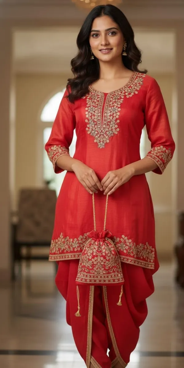 Red_Special_Short_Kurta,_Dhoti_Dupatta_With_Potli_Suit_Sets_For_Women