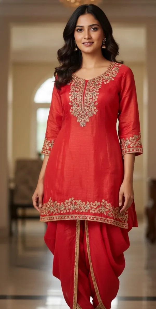 Red_Special_Short_Kurta,_Dhoti_Dupatta_With_Potli_Suit_Sets_For_Women