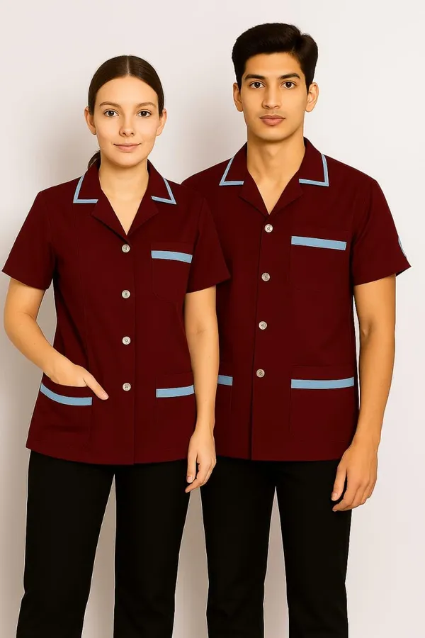 Maroon_Staff_Apron_|_3_Pocket_Apron_V-Neck_Half_Sleeves_|_Style_With_Contrast_Sky_Blue_Strip_|_Uniform_For_Medical_Professionals_(Staff_&_Nursing)