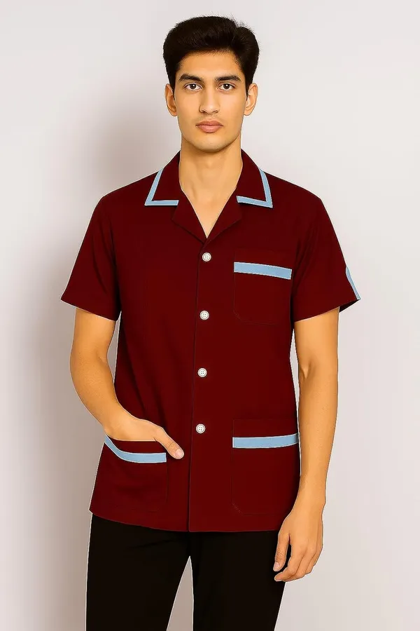 Maroon_Staff_Apron_|_3_Pocket_Apron_V-Neck_Half_Sleeves_|_Style_With_Contrast_Sky_Blue_Strip_|_Uniform_For_Medical_Professionals_(Staff_&_Nursing)